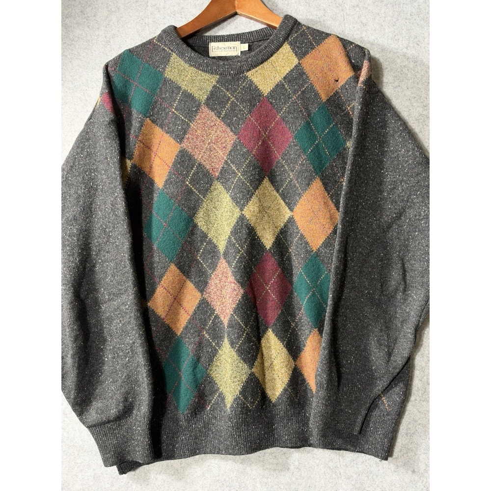 Vintage Fisherman Out of Ireland Lambswool Argyle Sweater Mens L Made Ireland